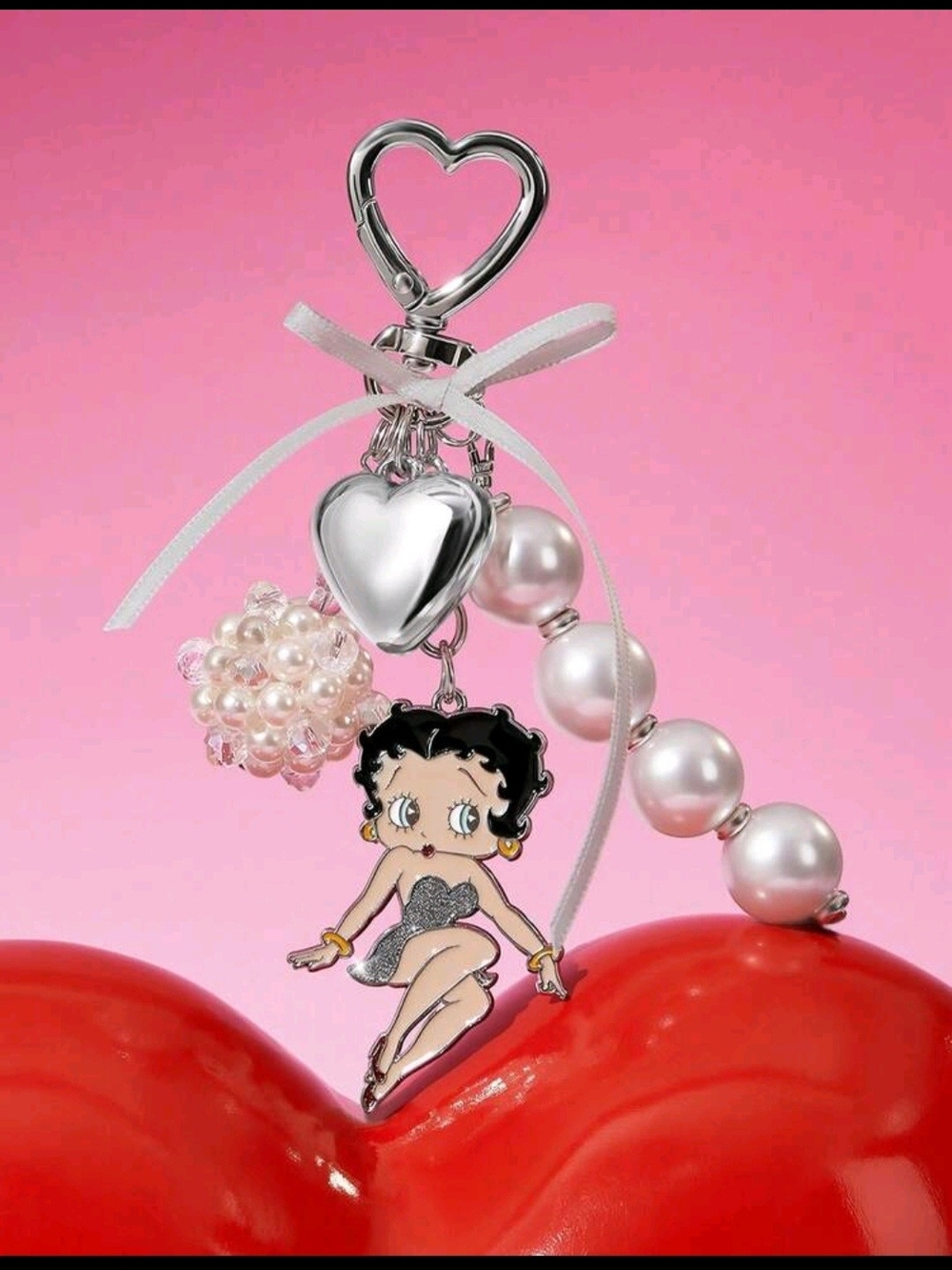 Betty Boop Pearl Heart Keychain - Pink, White, Silver, Red